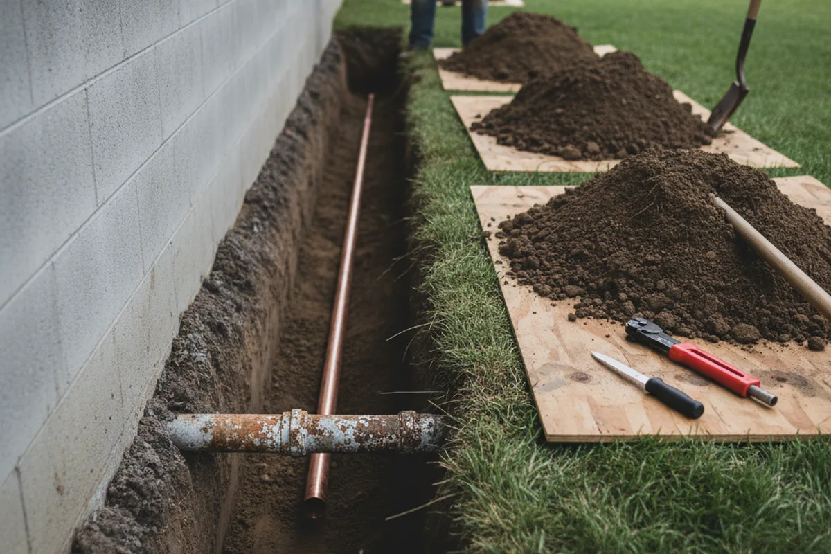 Excavated water line trench during Sewer Line Repair in Clements